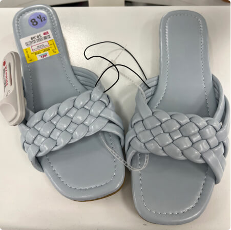 Gray leather flat/no heels, woven open sandals