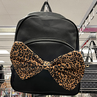 A trendy and affordable black backpack with a big front bow from a dd’s store