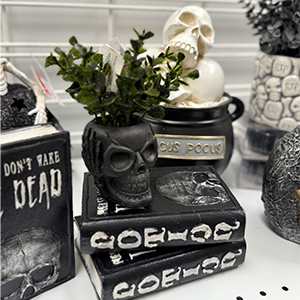 Potion black books decor and skulls faux planter